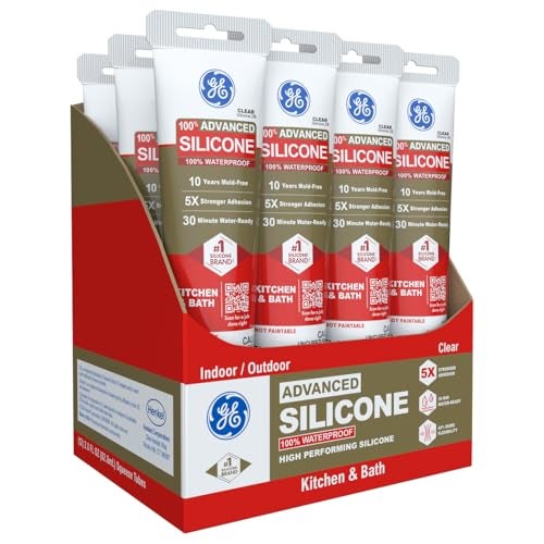 GE Advanced Silicone Caulk for Kitchen & Bathroom, Clear, 2.8 fl oz Tube, 12 Pack - 100% Waterproof Silicone Sealant, 5X Stronger Adhesion, Shrink & Crack Proof - Image 1