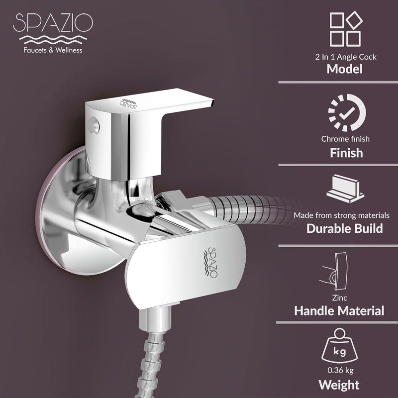 Spazio Brass Kubix Prime Collection Two Way Angle Valve Wall Mount Pack of 1 Chrome Plated Silver Two Way Angle ValveAngle Cock Faucet Wall Mount Installation Type - Image 3