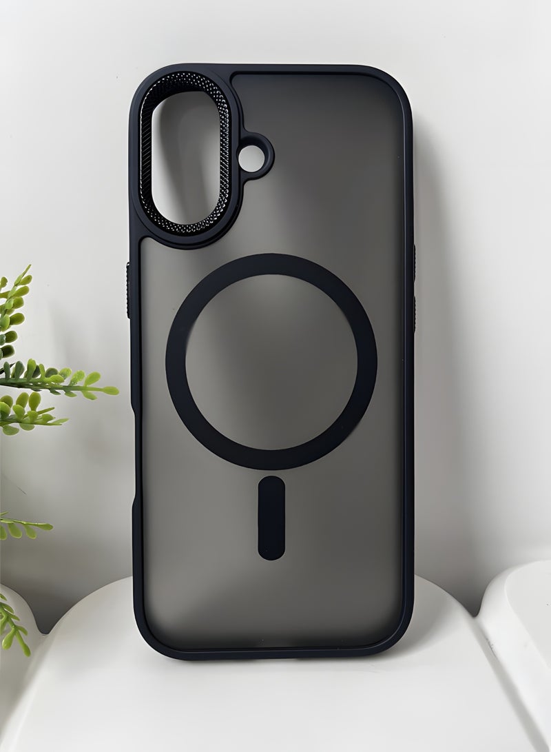 جراب مغناطيسي مقاوم للصدمات لهاتف iPhone 16 مع إطار معدني للكاميرا - غطاء مغناطيسي أنيق غير لامع للرجال والنساء والشباب ويدعم الماج سيف والشحن اللاسلكي - مضاد لبصمات الأصابع، وحماية للكاميرا، ومقاوم للسقوط (أسود) - Image 1