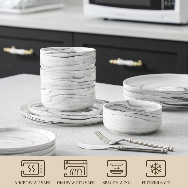 MALACASA Plates and Bowls Sets, 12 Pieces Porcelain Dinnerware Sets Dishware Sets Chip Resistant Ceramic Dish Set Dining Dinner Ware Service for 4, Marble Grey, Series LUNA - Image 4