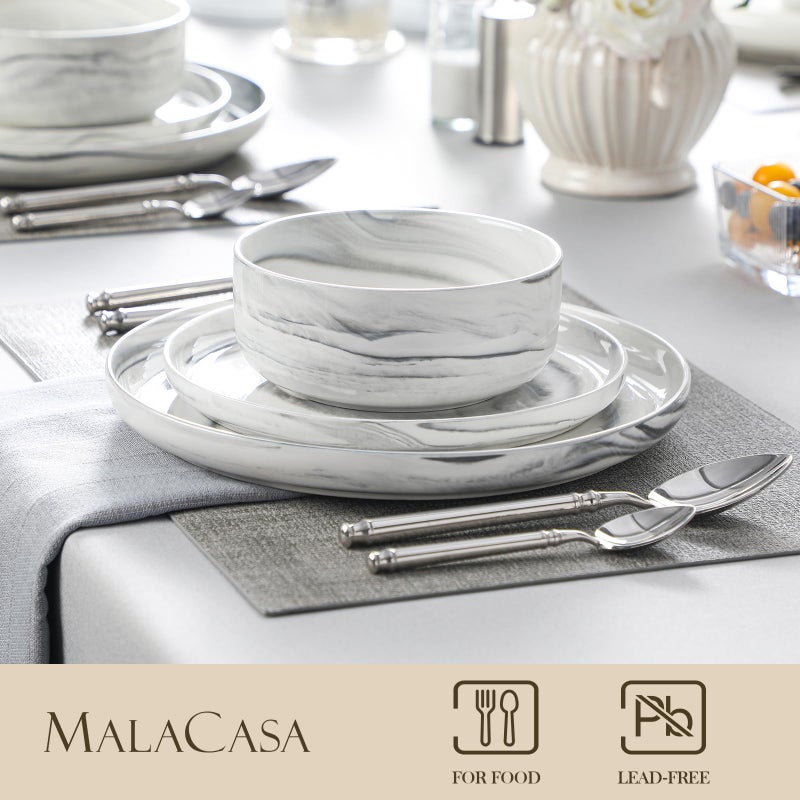 MALACASA Plates and Bowls Sets, 12 Pieces Porcelain Dinnerware Sets Dishware Sets Chip Resistant Ceramic Dish Set Dining Dinner Ware Service for 4, Marble Grey, Series LUNA - Image 3