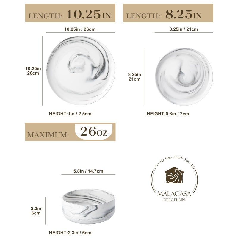MALACASA Plates and Bowls Sets, 12 Pieces Porcelain Dinnerware Sets Dishware Sets Chip Resistant Ceramic Dish Set Dining Dinner Ware Service for 4, Marble Grey, Series LUNA - Image 2