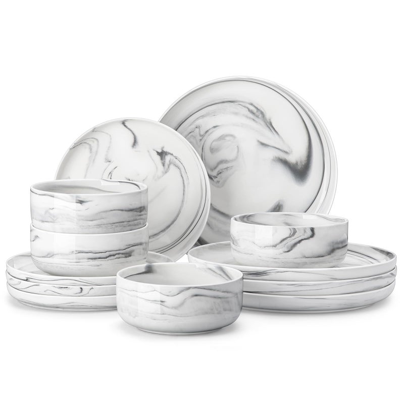 MALACASA Plates and Bowls Sets, 12 Pieces Porcelain Dinnerware Sets Dishware Sets Chip Resistant Ceramic Dish Set Dining Dinner Ware Service for 4, Marble Grey, Series LUNA - Image 1