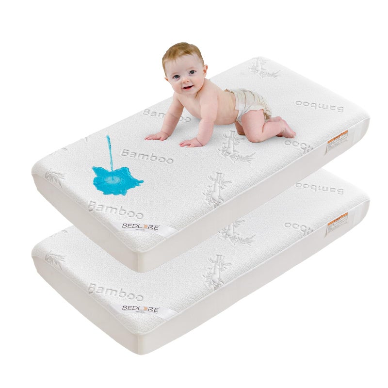 BEDLORE Waterproof Crib Mattress Protector 2 Pack Ultra Soft Bamboo Viscose Crib Mattress Pad Cover Noiseless Toddler Mattress Protector for Standard Baby Bed Size 52x28 White