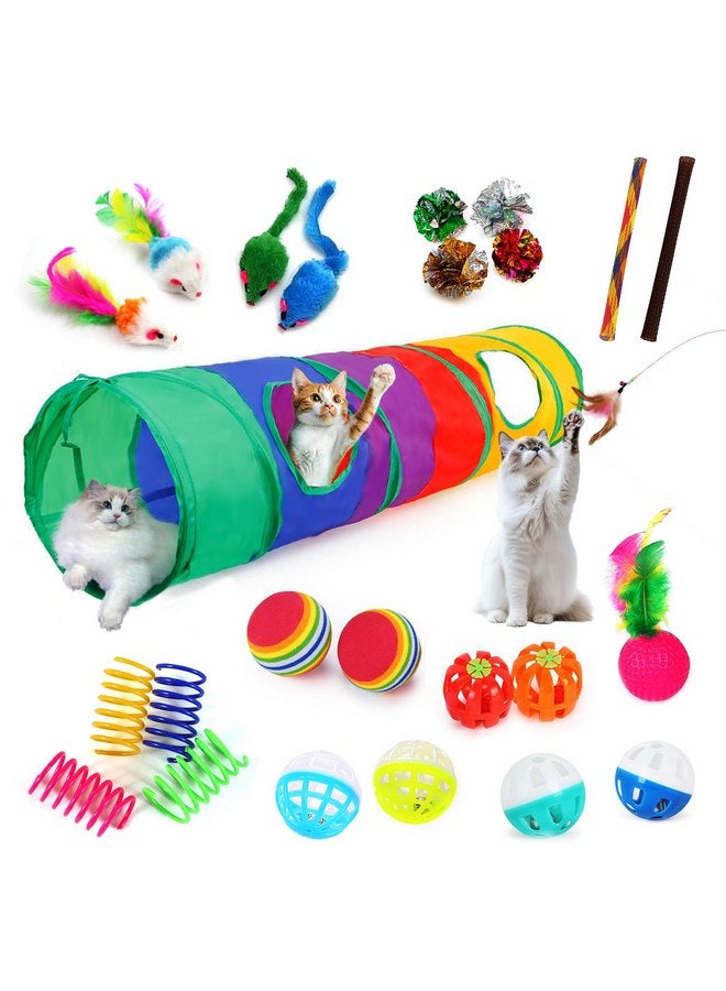 iCAGY Kitten Toys, Cat Toys, 25 Assorted Cat Stuff Toys Pack Including Crinkle Tunnel Ball Wand Teaser Feather Mouse Mice Spring Assortment kit for Cats Kittens Rabbits Puppies Rainbow - Image 1