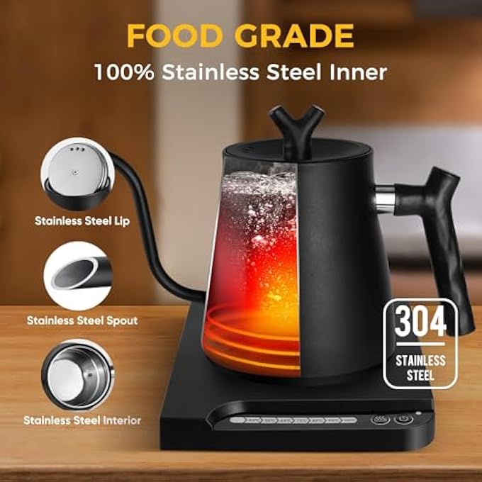 perforlld Electric Temperature Control Gooseneck Kettle 304 Stainless Steel Electric Water Kettle  Coffee Kettle With Automatic Temperature Control Touch Screen Panel 1000W Quick Heating1L - Image 3