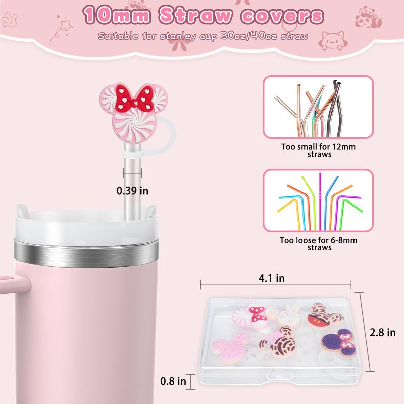 yomanta 6PCS Straw Covers for Stanley Cup Tumbler 30 oz / 40 oz Leak Proof Straw Toppers 10mm Silicone Cute Straw Stopper Caps for Stanley Cup Accessories-Pink Mice - Image 3