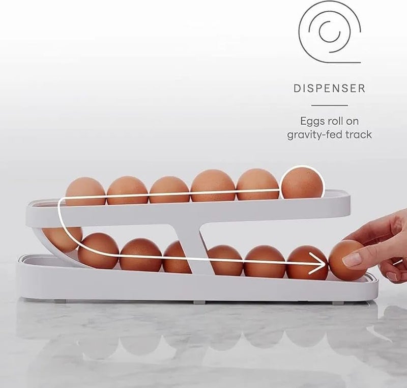 HMV MALL Egg Holder for Refrigerator 2 Layers Automatic Rolling Egg Dispenser White - Image 2