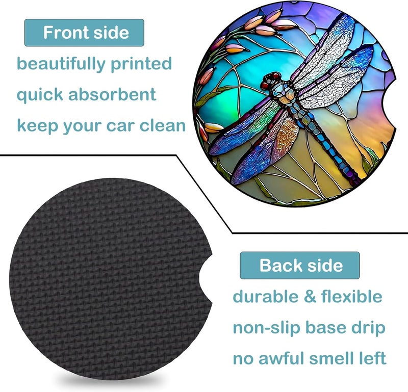 Ldntly Car Coasters for Cup Holders,2 Pack Dragonfly Car Cup Holder Coasters,2.75" Universal Size Anti Slip Rubber Mat,Automotive Cup Holder Decal Decor Accessories,Dragonfly Gifts for Women,Mom - Image 3