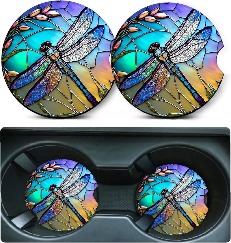 Ldntly Car Coasters for Cup Holders,2 Pack Dragonfly Car Cup Holder Coasters,2.75" Universal Size Anti Slip Rubber Mat,Automotive Cup Holder Decal Decor Accessories,Dragonfly Gifts for Women,Mom - Image 1
