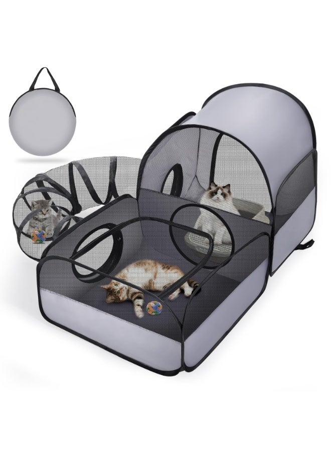 Portable Cat Playpen with Surround Tunnel, 2-Linked-Enclosed Areas, Outdoor/Indoor Cat Playpen with Breathable Soft Sides， Cat Enclosure Tent for Small Animals, Portable Cat Tent with Carry Bag - Image 1