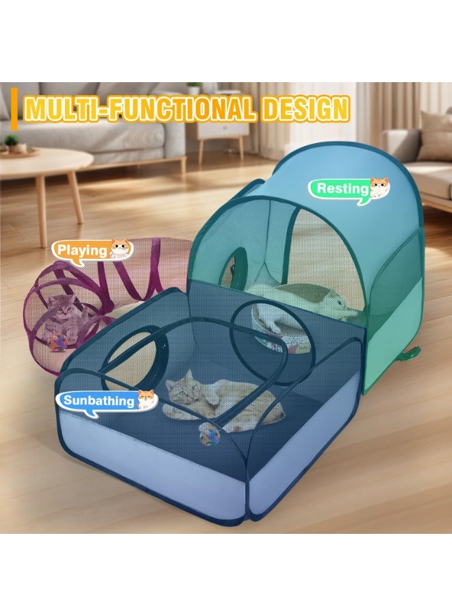 Portable Cat Playpen with Surround Tunnel, 2-Linked-Enclosed Areas, Outdoor/Indoor Cat Playpen with Breathable Soft Sides， Cat Enclosure Tent for Small Animals, Portable Cat Tent with Carry Bag - Image 3