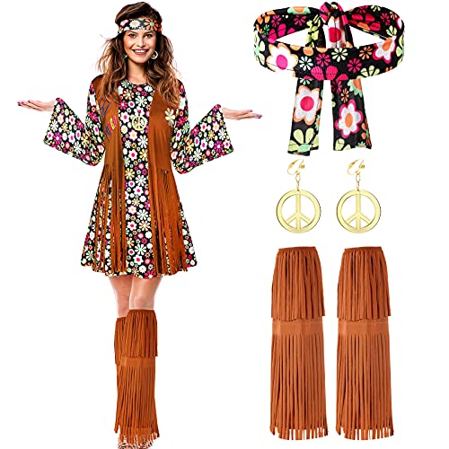 SATINIOR 70s 60s Hippie Costume Set 70s Outfits Accessories for Carnival Party Halloween Women Disco Dress for Girls(Black Floral, Adult Size (small)) - Image 3
