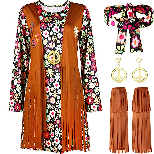 SATINIOR 70s 60s Hippie Costume Set 70s Outfits Accessories for Carnival Party Halloween Women Disco Dress for Girls(Black Floral, Adult Size (small)) - Image 5