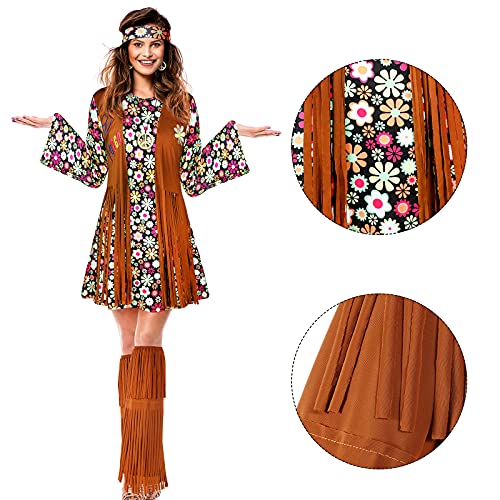 SATINIOR 70s 60s Hippie Costume Set 70s Outfits Accessories for Carnival Party Halloween Women Disco Dress for Girls(Black Floral, Adult Size (small)) - Image 4