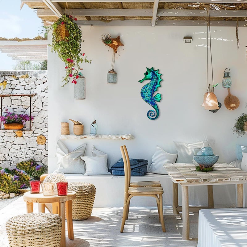 LIFFY Metal Seahorse Wall Art Mosaic Glass Ocean Wall Decor Coastal Sculpture Hanging Decoration for Home Garden Fence Pool Beach Bathroom - Image 3