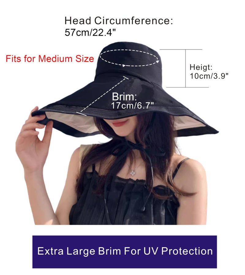 kilsel Packable Large Brim Sun Hat for Women - 6.7" Wide-Brim UV-Protection Women's-Sun-Beach-Hats with Strap Black - Image 3