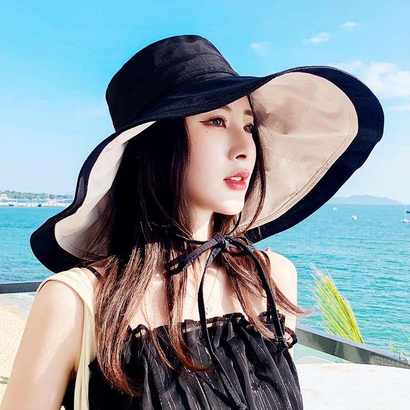 kilsel Packable Large Brim Sun Hat for Women - 6.7" Wide-Brim UV-Protection Women's-Sun-Beach-Hats with Strap Black - Image 5