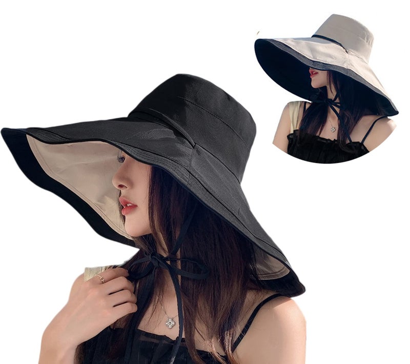 kilsel Packable Large Brim Sun Hat for Women - 6.7" Wide-Brim UV-Protection Women's-Sun-Beach-Hats with Strap Black - Image 1