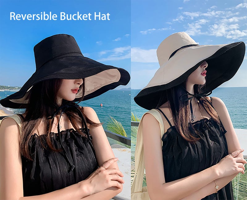 kilsel Packable Large Brim Sun Hat for Women - 6.7" Wide-Brim UV-Protection Women's-Sun-Beach-Hats with Strap Black - Image 2