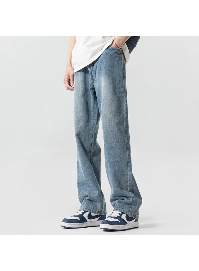 Poum Men's Jeans, Summer Lightweight, Casual Retro American High Street Style, Loose Wide-leg Pants, 505 Medium Blue, Size M - Image 2