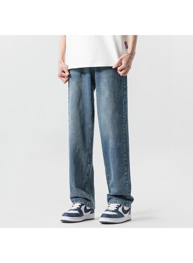 Poum Men's Jeans, Summer Lightweight, Casual Retro American High Street Style, Loose Wide-leg Pants, 505 Medium Blue, Size M - Image 4