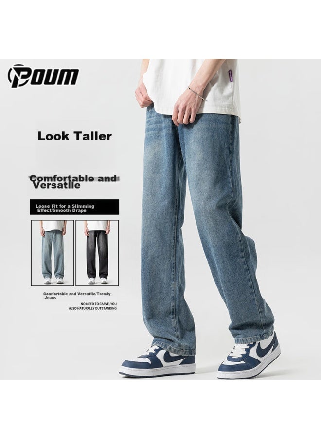 Poum Men's Jeans, Summer Lightweight, Casual Retro American High Street Style, Loose Wide-leg Pants, 505 Medium Blue, Size M - Image 1