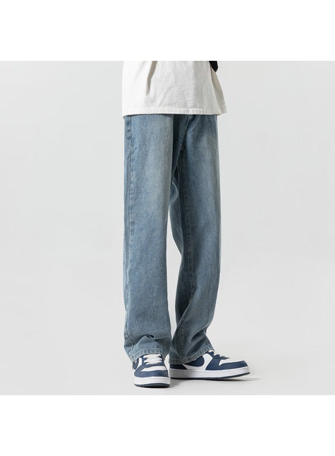 Poum Men's Jeans, Summer Lightweight, Casual Retro American High Street Style, Loose Wide-leg Pants, 505 Medium Blue, Size M - Image 3
