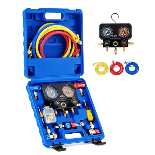 Orion Motor Tech مجموعة عدادات تكييف هواء أوريون موتور تك، مجموعة عدادات مانيفولد ثلاثية الاتجاهات لرواسب R1234yf وR134a وR404a، مجموعة عدادات سيارات مع خراطيم وموصلات سريعة وصمامات ذاتية الإغلاق لشحن وتفريغ فريون السيارة - Image 1