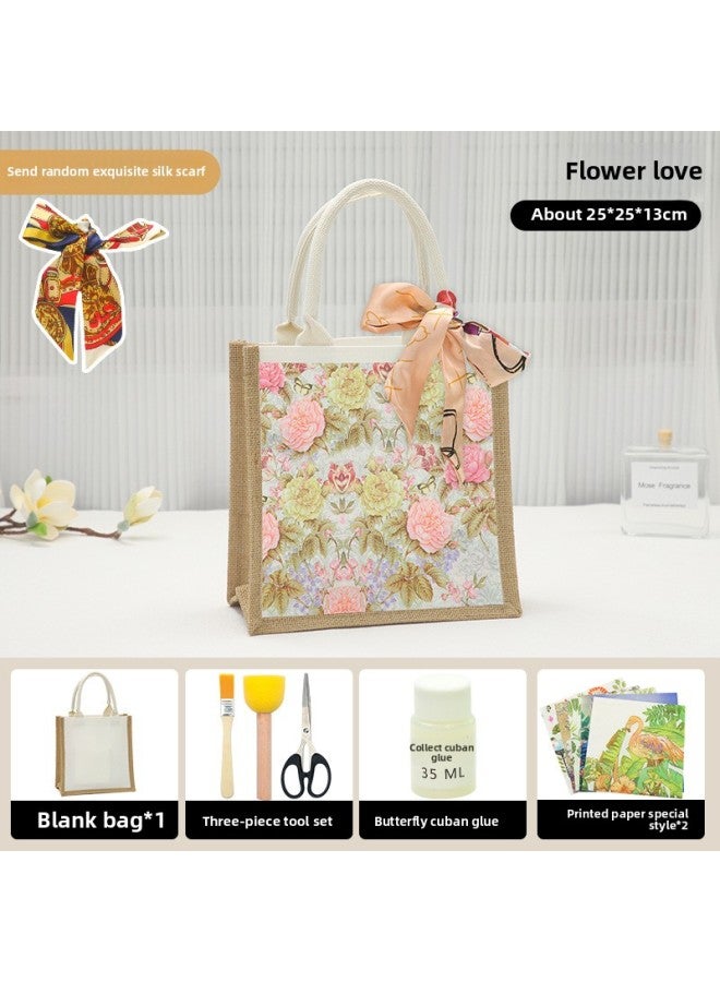 Thanksgiving Diy Handmade Butterfly Ancient Bart Canvas Tote Bag Sack Paste Group Building Parent-child Material Bag Warm-up Field-Color:LB-N21 Flower Love Material Contains Scissors Glue_vertical  - Image 1