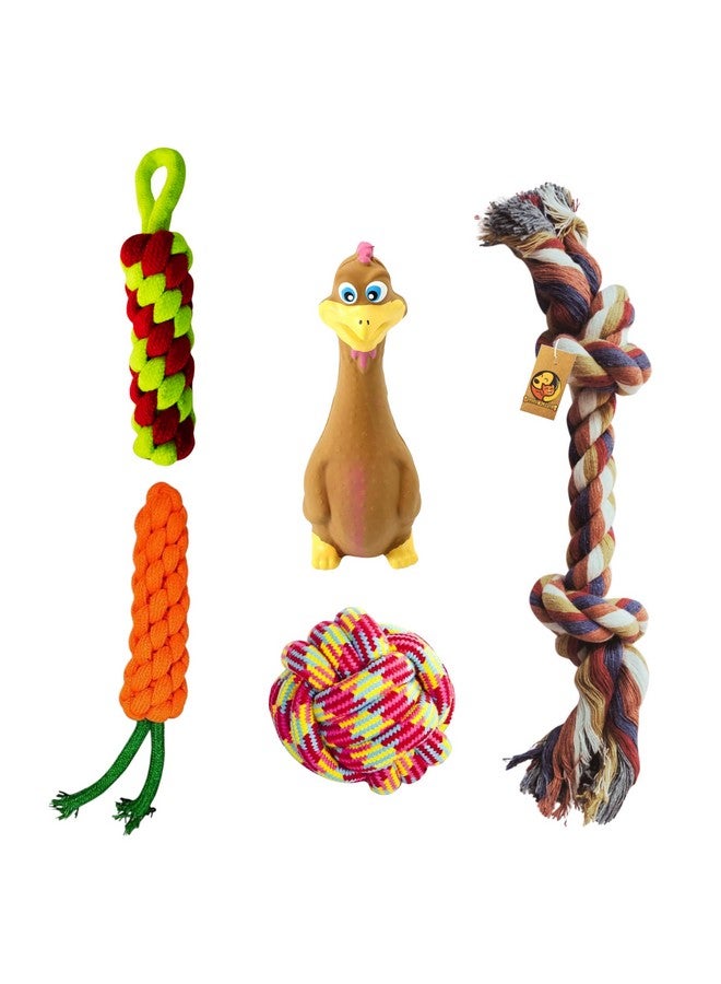 5 In 1 Squeaky And Chew Rope Dog Toy Combo - (2Knot Rope + Cotton Ball + Carrot + Corn Stick + Brown Duck) | Chewing, Playing, And Teething Toy For Small Dogs And Puppies - Image 1