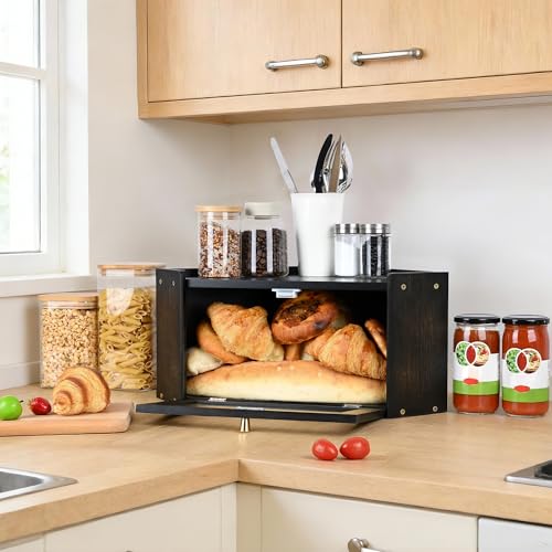 Ollieroo Vintage Coner Bread Box for Kitchen Countertop, Bamboo Bread Storage Container, Breadbox for Homemade Bread, Large Capacity Bread Bin(Black) - Image 4