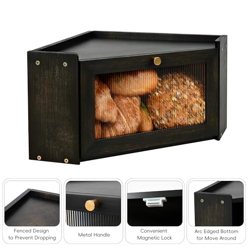 Ollieroo Vintage Coner Bread Box for Kitchen Countertop, Bamboo Bread Storage Container, Breadbox for Homemade Bread, Large Capacity Bread Bin(Black) - Image 5