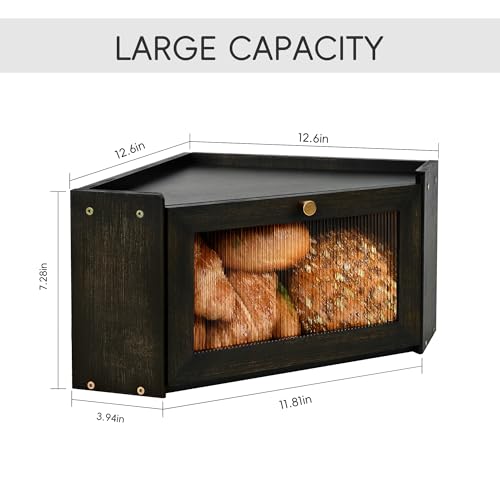 Ollieroo Vintage Coner Bread Box for Kitchen Countertop, Bamboo Bread Storage Container, Breadbox for Homemade Bread, Large Capacity Bread Bin(Black) - Image 3