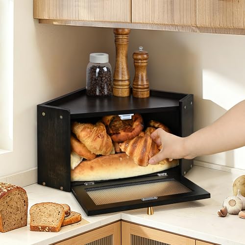 Ollieroo Vintage Coner Bread Box for Kitchen Countertop, Bamboo Bread Storage Container, Breadbox for Homemade Bread, Large Capacity Bread Bin(Black) - Image 2