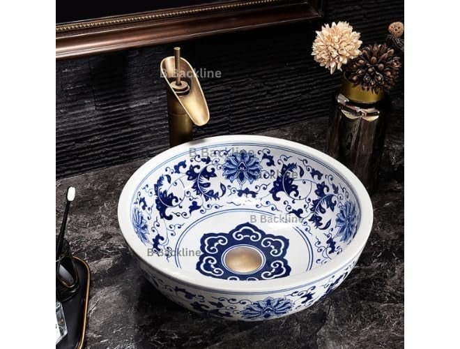 B BACKLINE Table Top Ceramic Designer Wash Basin Premium Counter Top/Over Counter Wash Basin Table Top/Vessel Sink For Bathroom & Living Room 16 X 16 X 6 Inches (Blue White) - Image 2
