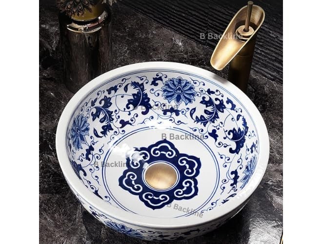 B BACKLINE Table Top Ceramic Designer Wash Basin Premium Counter Top/Over Counter Wash Basin Table Top/Vessel Sink For Bathroom & Living Room 16 X 16 X 6 Inches (Blue White) - Image 3