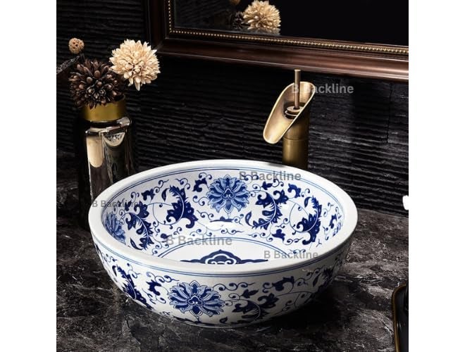 B BACKLINE Table Top Ceramic Designer Wash Basin Premium Counter Top/Over Counter Wash Basin Table Top/Vessel Sink For Bathroom & Living Room 16 X 16 X 6 Inches (Blue White) - Image 1