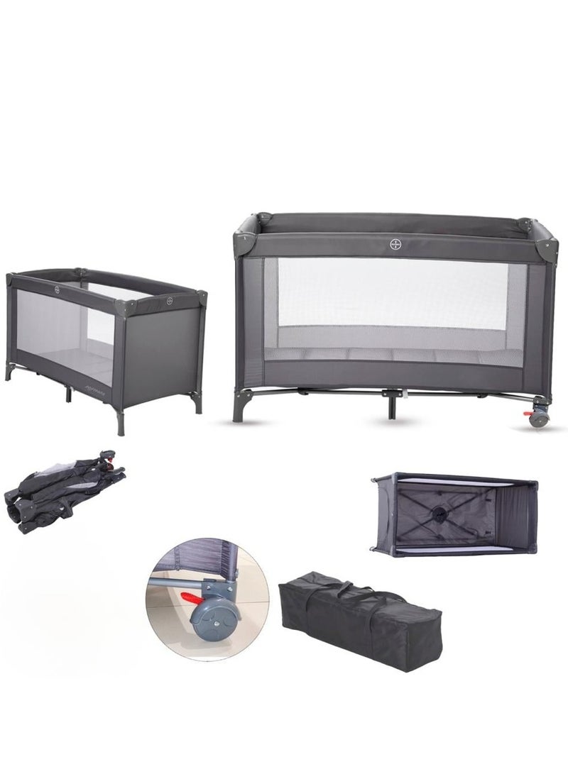 Foldable Bed and Play Area with Attached Carrying Bag and Wheels for Children Aged 9 Months to 3 Years ( Grey )