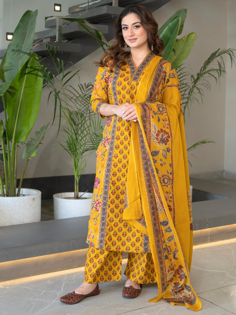 Arayna Women's Pure Cotton Block Printed Ethnic Wear Kurta Set with Palazzo Pants & Dupatta, Mustard Yellow, Medium - Image 2