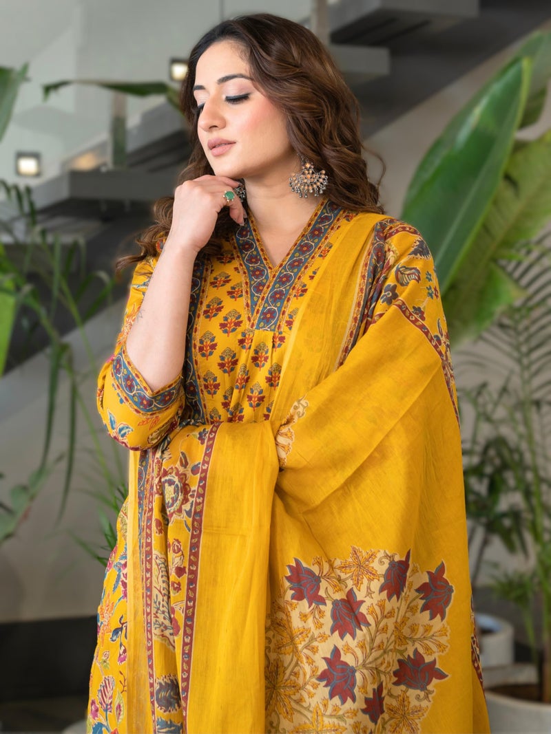 Arayna Women's Pure Cotton Block Printed Ethnic Wear Kurta Set with Palazzo Pants & Dupatta, Mustard Yellow, Medium - Image 5
