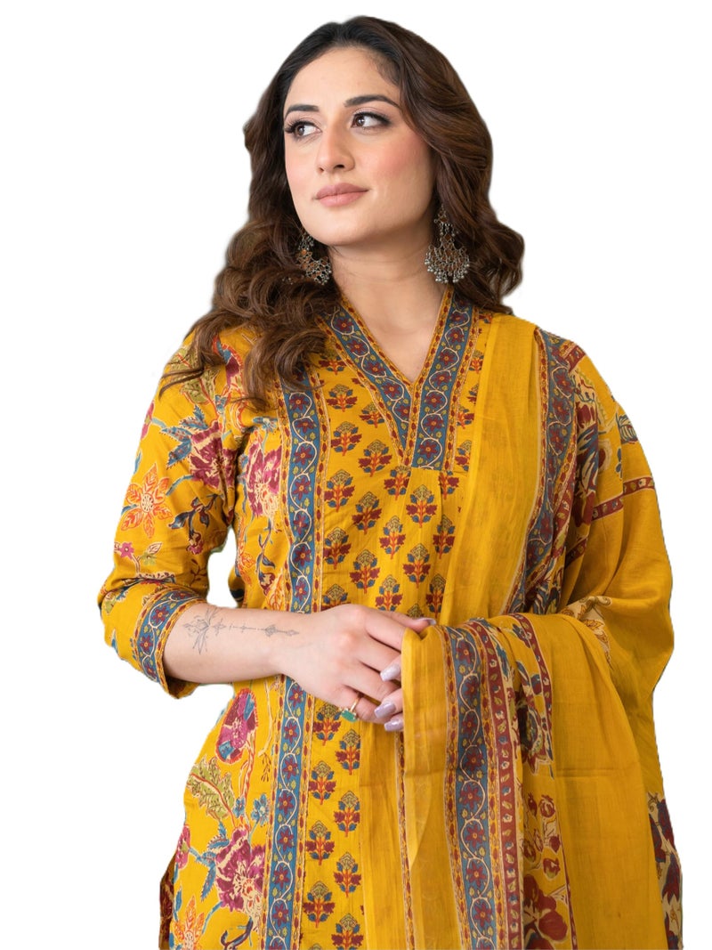 Arayna Women's Pure Cotton Block Printed Ethnic Wear Kurta Set with Palazzo Pants & Dupatta, Mustard Yellow, Medium - Image 1