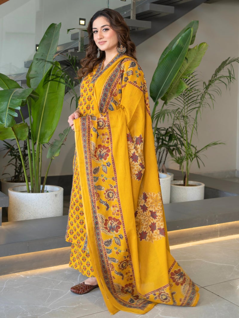 Arayna Women's Pure Cotton Block Printed Ethnic Wear Kurta Set with Palazzo Pants & Dupatta, Mustard Yellow, Medium - Image 3