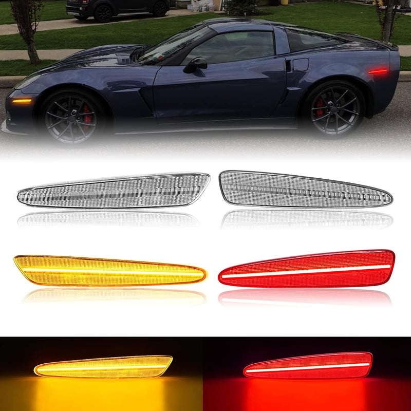 R&F Auto 4PCS LED Side Marker Lights for Corvette C6 (2005-2013) - Amber Red Clear Lens - Image 1