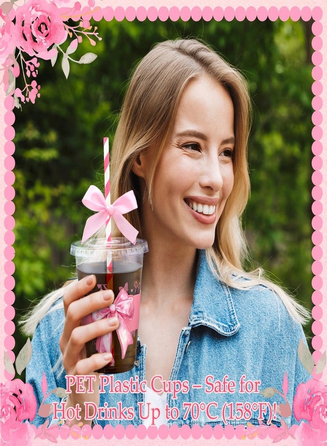 Jingmore مجموعة جينغمور من 60 كوب بلاستيكي، سعة 12 أونصة، أكواب بلاستيكية للاستخدام مرة واحدة مع أغطية وأكمام وماصات، مناسبة للعصائر والمشروبات الشفافة، هدايا للحفلات، لوازم حفلات أعياد الميلاد وحفلات الزفاف (فيونكة وردية). - Image 5