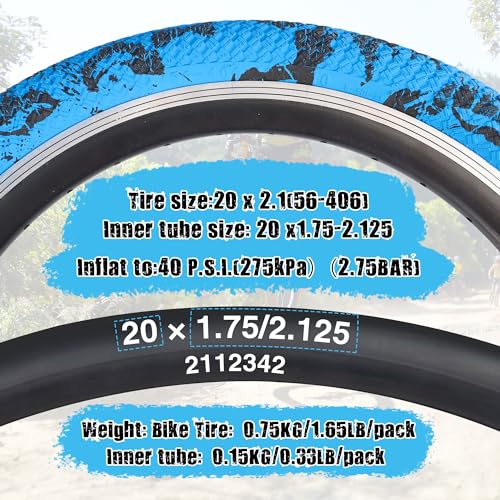 WEEROCK 20 Inch Bike Tire Kid Bike Tire 1 Pack 20 x 2.1(56-406) Folding Bead Replacement Tyre with 20In Inner Tube for 20" Bicycles, Child Bicycle, MTB, Mountain Bike, BMX, Camouflage Blue Black - Image 2