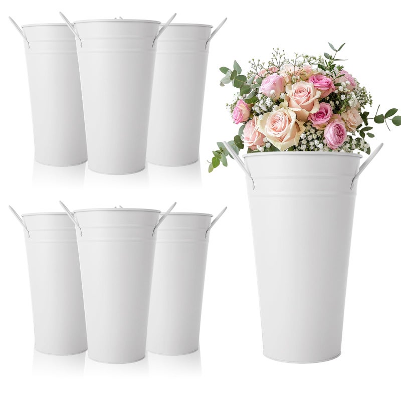 MIVIDE 6 Pack White Flower Buckets, 9.8 Inch Galvanized Metal Vases for Flowers, Flower Bucket with Handles, Farmhouse Vases for Wedding, Balcony Garden, Home Decor - Image 1