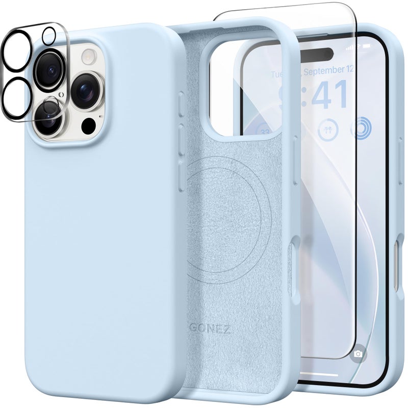 GONEZ Magnetic for iPhone 16 Pro Max Case, Compatible with MagSafe, Liquid Silicone Case, with Screen Protector + Camera Protector, Full Body Protective Shockproof Phone Cover 6.9", Blue - Image 1