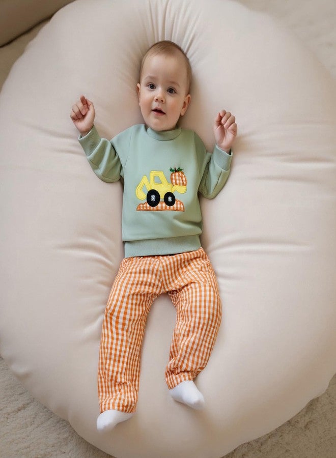 Mobbdow Toddler Baby Boy Halloween Outfit Pumpkin Excavator/Tractor Embroidery Long Sleeve Sweatshirt and Plaid Pants Set (B-Light Green, 12-18 Months) - Image 4