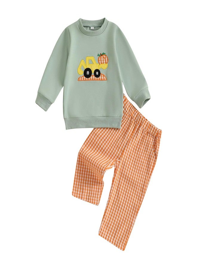 Mobbdow Toddler Baby Boy Halloween Outfit Pumpkin Excavator/Tractor Embroidery Long Sleeve Sweatshirt and Plaid Pants Set (B-Light Green, 12-18 Months) - Image 1